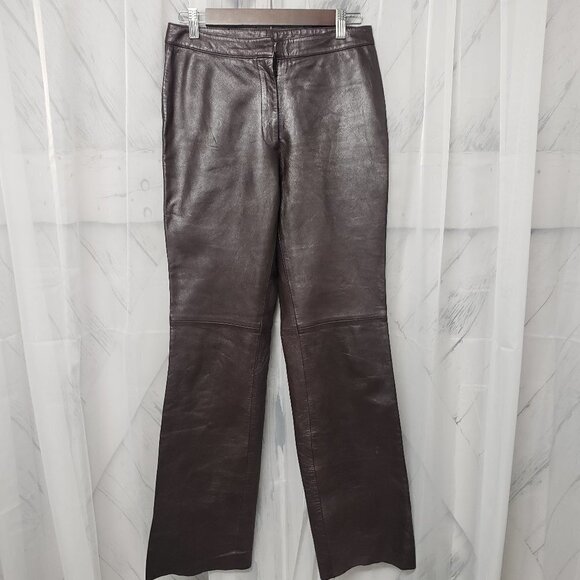 INC International Concepts Brown Leather Straight Leg Pants Size 4 - Picture 1 of 9